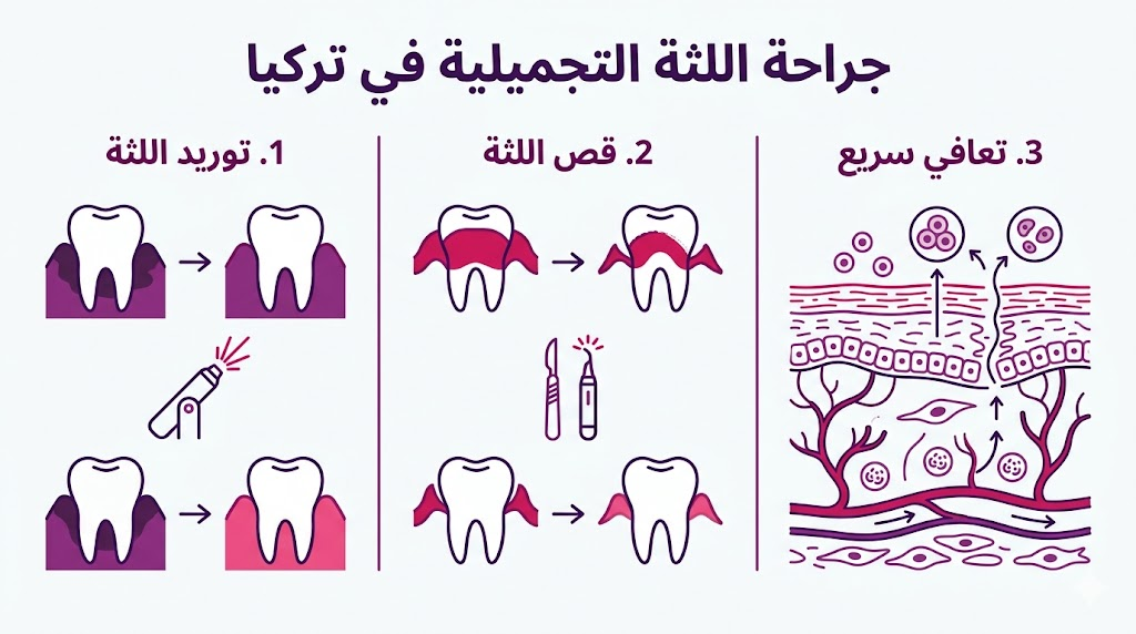 بوستر توضيحي يبرز ثلاثة محاور أساسية وهي توريد وقص اللثة والتعافي السريع ضمن جراحة اللثة التجميلية في تركيا.