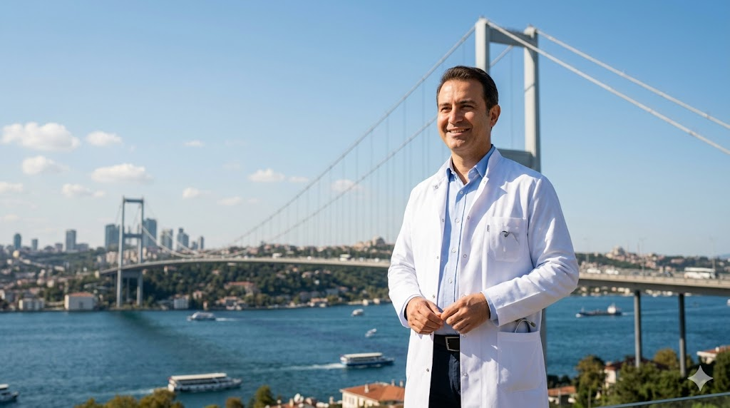 طبيب أسنان مبتسم يقف أمام جسر البوسفور في إسطنبول كرمز للثقة في جراحة اللثة التجميلية في تركيا.