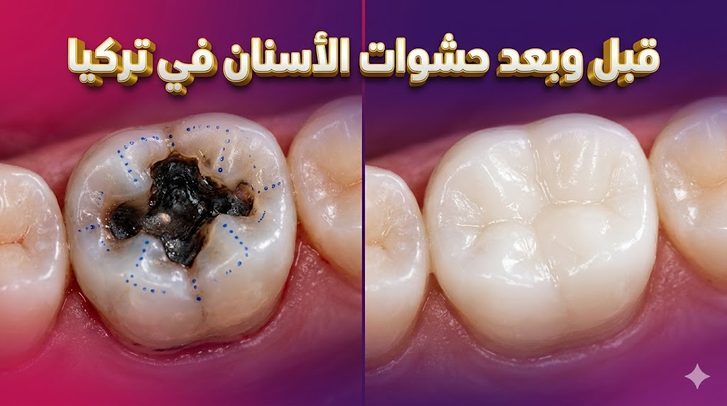 مقارنة قبل وبعد تظهر نتائج حشوات الأسنان في تركيا من تسوس الأسنان إلى الترميم الكامل والجميل.