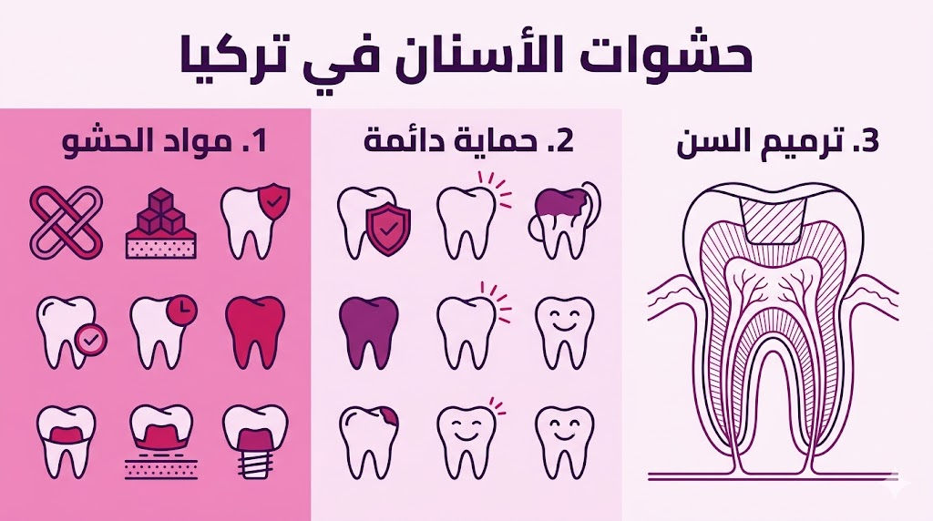  إنفوجرافيك طبي مقسم لثلاثة أقسام يشرح فوائد حشوات الأسنان في تركيا من حيث المواد والحماية والترميم.