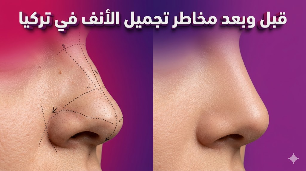 مقارنة قبل وبعد توضح النتائج الناجحة وتجاوز مخاطر تجميل الأنف في تركيا مع علامات جراحية دقيقة.