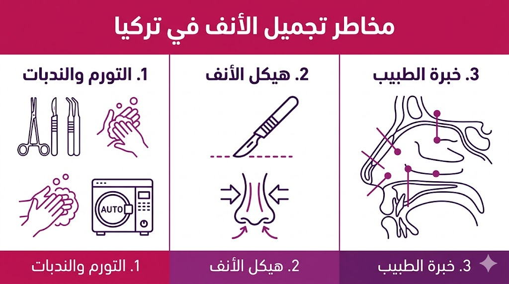  إنفوجرافيك طبي مقسم لثلاثة أقسام يشرح طرق السيطرة على مخاطر تجميل الأنف في تركيا علمياً.