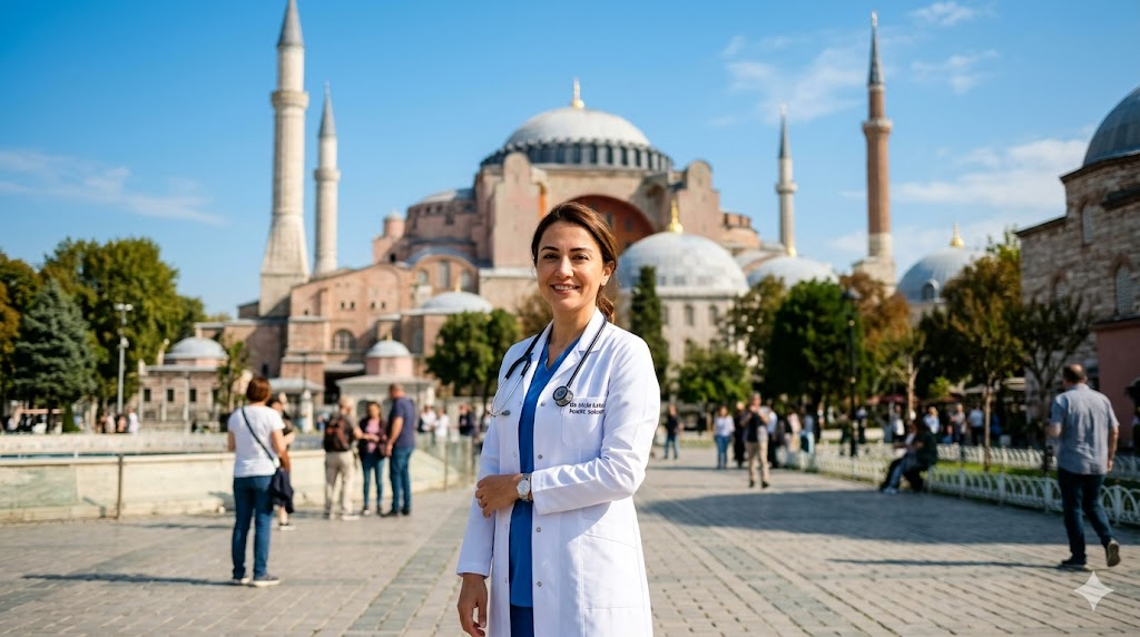 جراح تجميل محترف يقف أمام جامع آيا صوفيا في اسطنبول لتقديم استشارات حول مخاطر تجميل الأنف في تركيا.