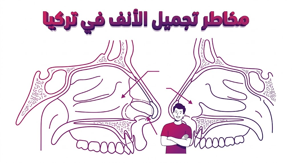 مخطط طبي تشريحي بأسلوب الفيكتور يوضح الهيكل الداخلي للأنف لتفادي مخاطر تجميل الأنف في تركيا.