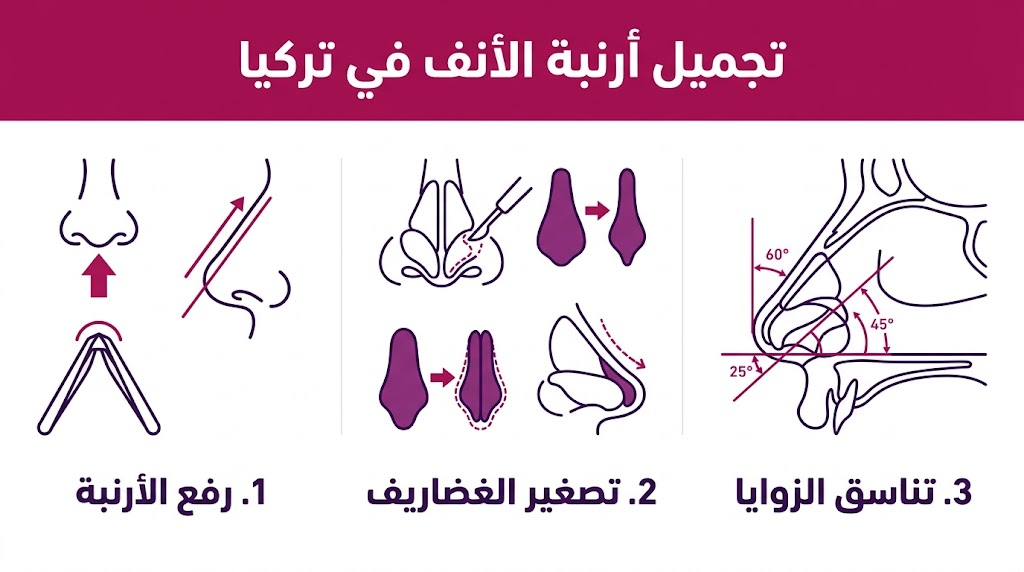 بوستر إنفوجرافيك يوضح ثلاث خطوات أساسية في تجميل أرنبة الأنف في تركيا تشمل الرفع والتصغير والتناسق.