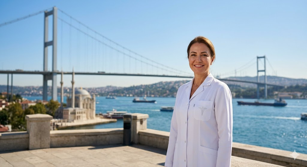 طبيب تجميل متخصص يقف أمام جسر البوسفور في إسطنبول، لتمثيل وجهات إجراء تكلفة جي بلازما J-Plasma.