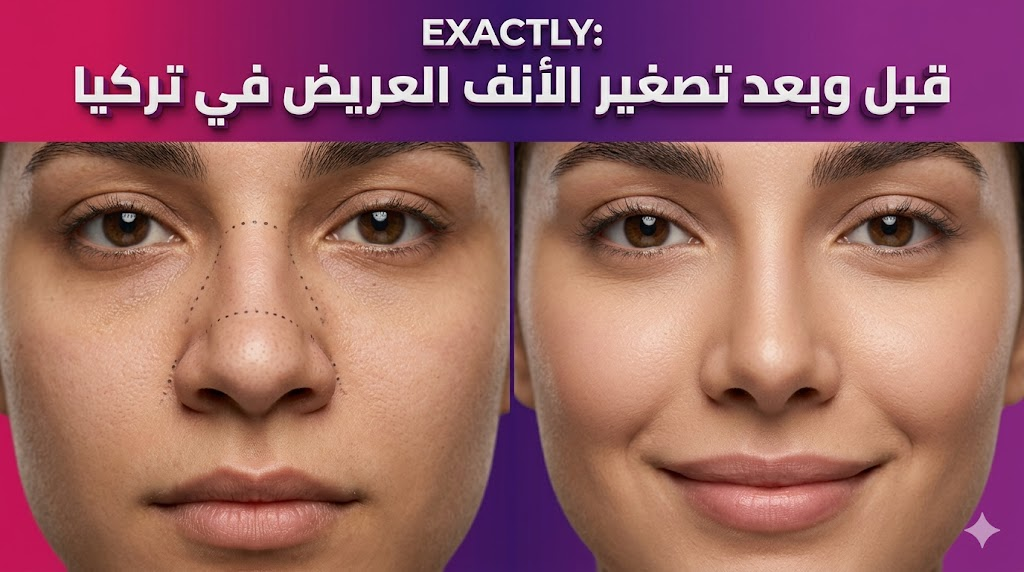  صورة واقعية تظهر نتائج قبل وبعد تصغير الأنف العريض في تركيا مع توضيح دقة النحت وتناسق ملامح الوجه.