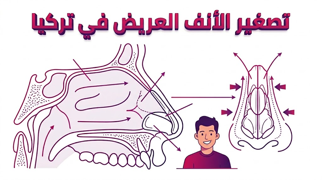  إنفوجرافيك طبي يوضح التشريح الداخلي وخطوات تصغير الأنف العريض في تركيا بأسلوب المتجهات التعليمي.