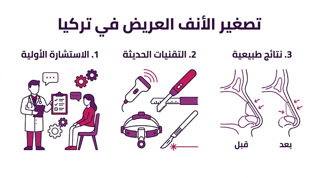  بوستر إنفوجرافيك يوضح مراحل تصغير الأنف العريض في تركيا من الاستشارة حتى النتائج النهائية.