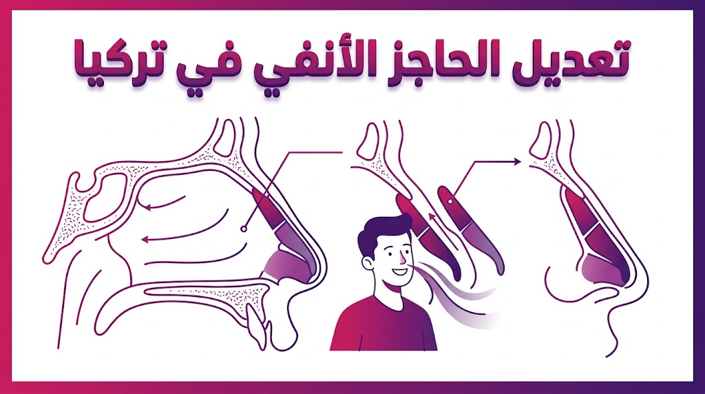 مخطط تشريحي يوضح كيفية إصلاح انحراف العظام والغضاريف أثناء عملية تعديل الحاجز الأنفي في تركيا.