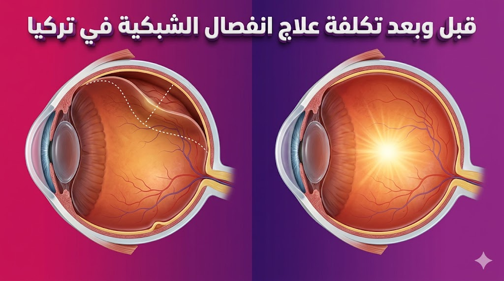 مقارنة قبل وبعد توضح نتائج و تكلفة علاج انفصال الشبكية في تركيا مع علامات جراحية دقيقة.