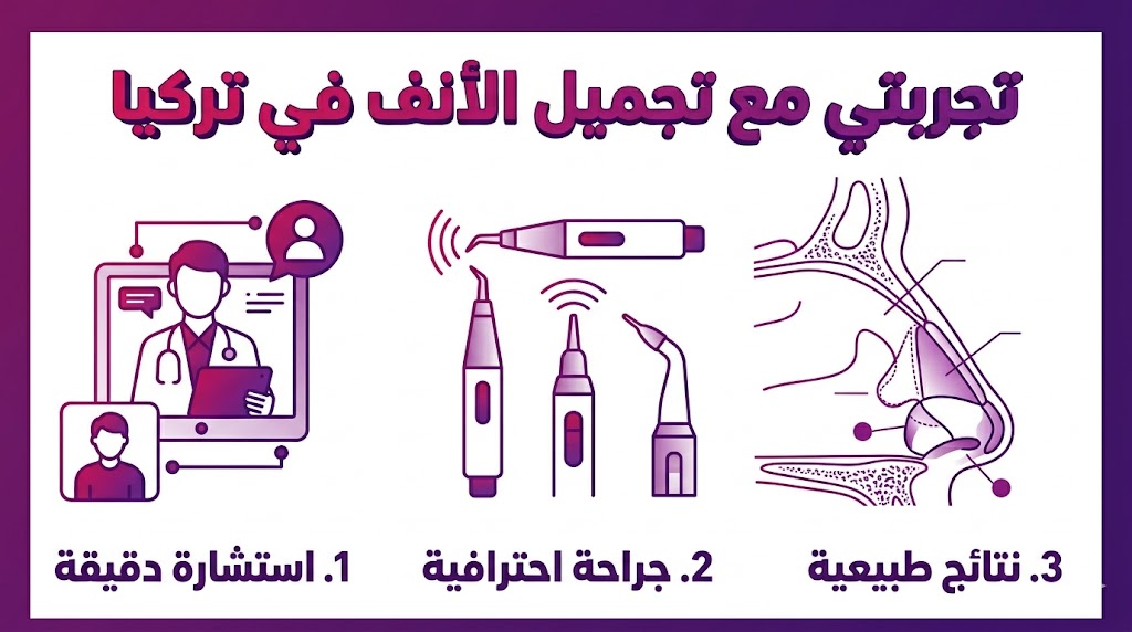  إنفوجرافيك طبي يلخص مراحل تجربتي مع تجميل الأنف في تركيا من الاستشارة حتى النتائج.