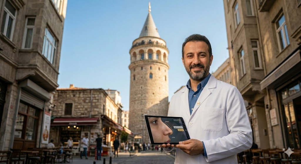  جراح تجميل محترف في إسطنبول أمام برج غالاتا، يمثل جودة الخدمات الطبية في تجربتي مع تجميل الأنف في تركيا.