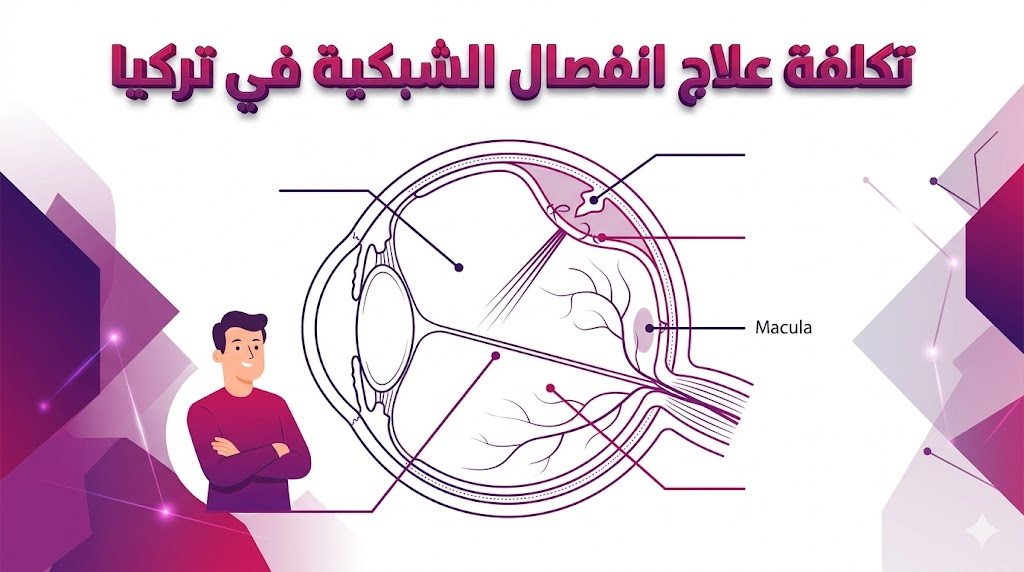 مخطط تشريحي علمي يوضح تفاصيل و تكلفة علاج انفصال الشبكية في تركيا بأسلوب الفيكتور الاحترافي.