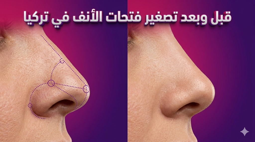  صورة واقعية "قبل وبعد" توضح نتائج تصغير فتحات الأنف في تركيا مع علامات جراحية وتناسق نهائي مثالي.