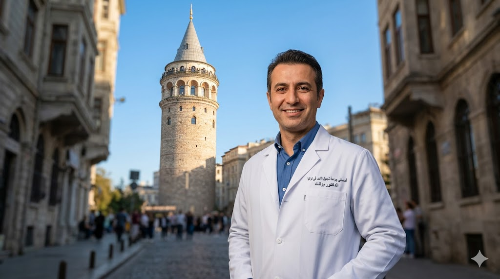  طبيب تجميل متخصص في تصغير فتحات الأنف في تركيا يقف أمام برج غالاتا في إسطنبول في لقطة واقعية عالية الجودة.