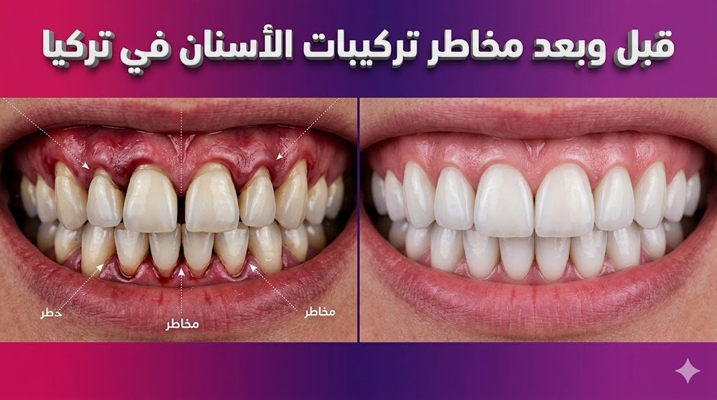 مقارنة قبل وبعد تظهر علاج مشاكل والتهابات اللثة الناتجة عن مخاطر تركيبات الأسنان في تركيا.