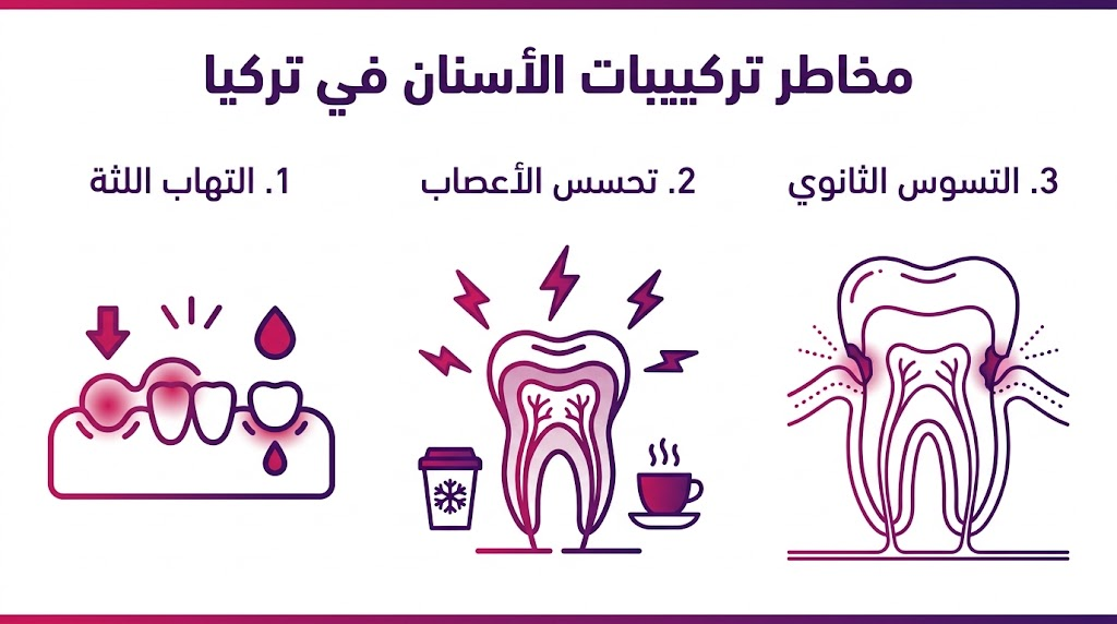 إنفوجرافيك تعليمي يستعرض أهم 3 نقاط حول مخاطر تركيبات الأسنان في تركيا وتأثيرها على صحة الفم.