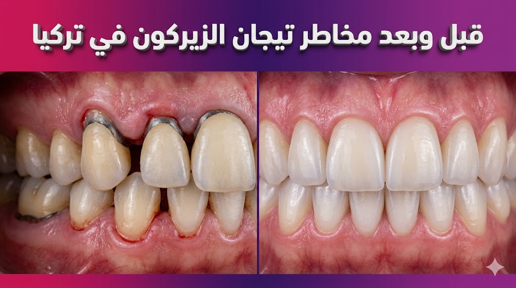 مقارنة قبل وبعد تظهر معالجة مخاطر تيجان الزيركون في تركيا وتحسين مظهر اللثة والأسنان.