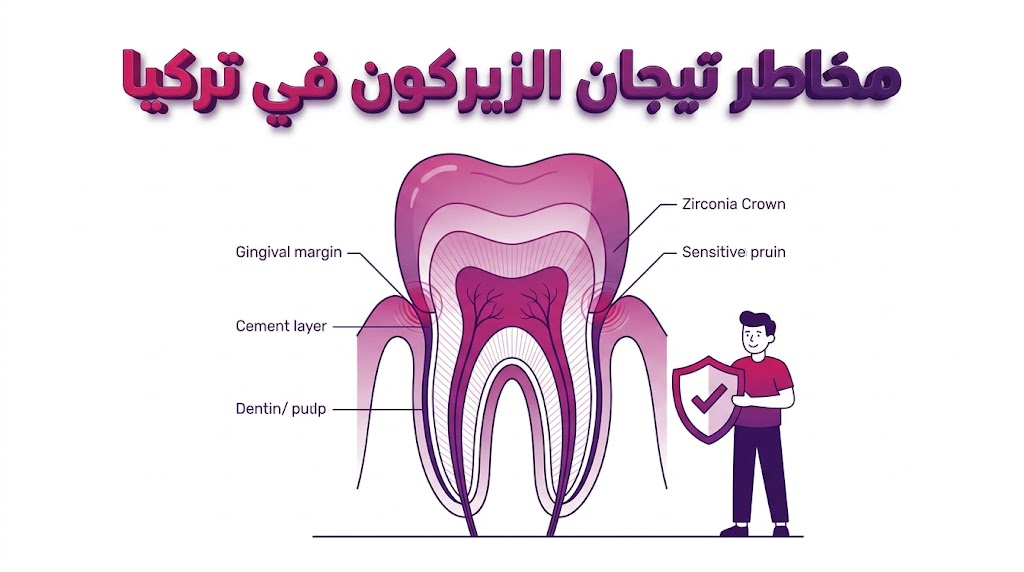 إنفوجرافيك تعليمي يوضح التركيب الداخلي للأسنان وكيفية تلافي مخاطر تيجان الزيركون في تركيا.