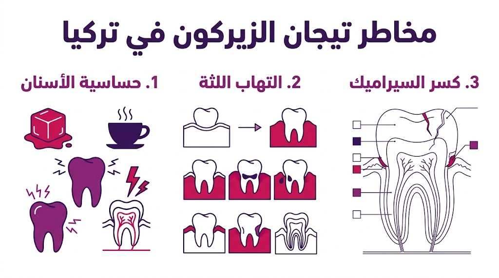 بوستر إنفوجرافيك يوضح 3 نقاط أساسية حول مخاطر تيجان الزيركون في تركيا تشمل الحساسية والتهاب اللثة.
