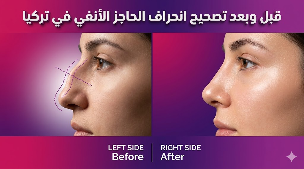 صورة "قبل وبعد" توضح نتائج عملية تصحيح انحراف الحاجز الأنفي في تركيا مع تحسن واضح في استقامة الأنف.