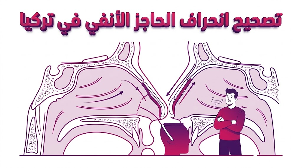 مخطط تشريحي طبي يوضح تفاصيل هيكل الأنف الداخلي وكيفية تصحيح انحراف الحاجز الأنفي في تركيا.