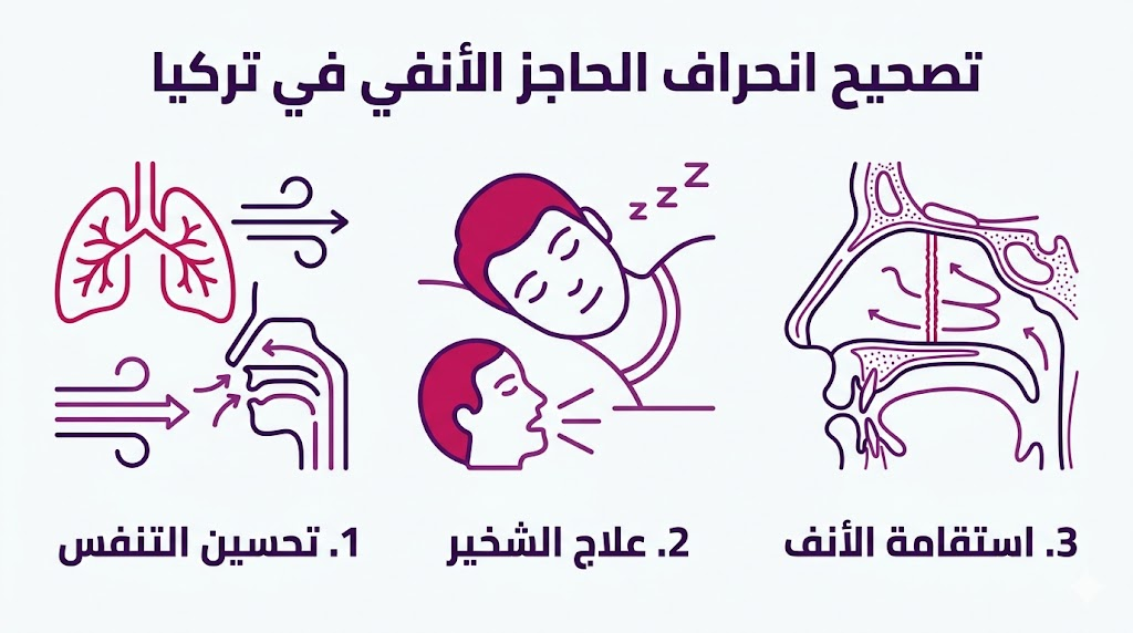 إنفوجرافيك طبي يبرز الفوائد الثلاث الرئيسية لعملية تصحيح انحراف الحاجز الأنفي في تركيا: تحسين التنفس، علاج الشخير، واستقامة الأنف.