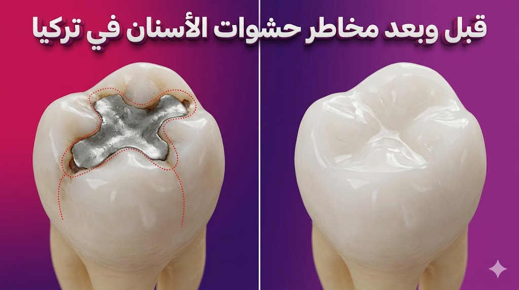 صورة قبل وبعد توضح معالجة مخاطر حشوات الأسنان في تركيا من خلال استبدال الحشوات القديمة بأخرى تجميلية حديثة.