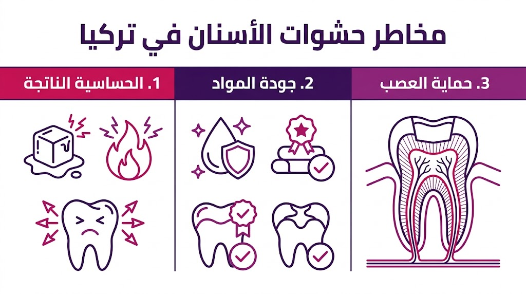 ملصق إنفوجرافيك يوضح ثلاثة محاور رئيسية حول مخاطر حشوات الأسنان في تركيا تشمل الحساسية والجودة وحماية العصب.