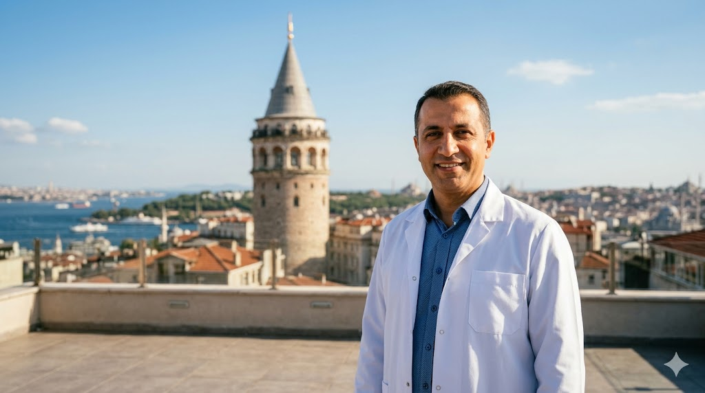 طبيب أسنان مبتسم يقف أمام برج غالاتا في اسطنبول لتمثيل مراكز علاج مخاطر حشوات الأسنان في تركيا.