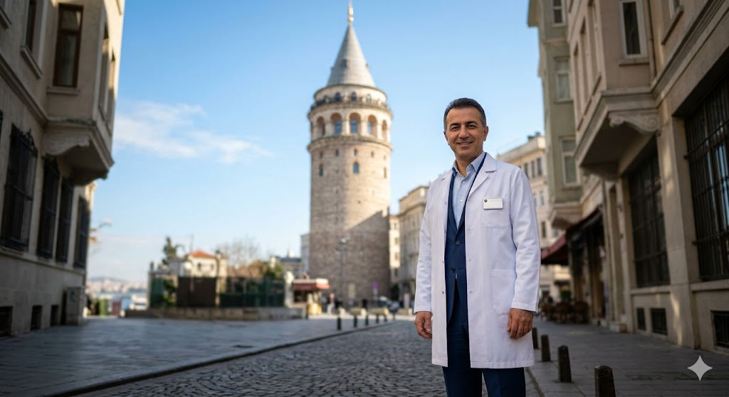  طبيب تجميل خبير يقف أمام برج غالاتا في اسطنبول، يرمز لخدمات تجميل الأنف بالبيزو في تركيا.