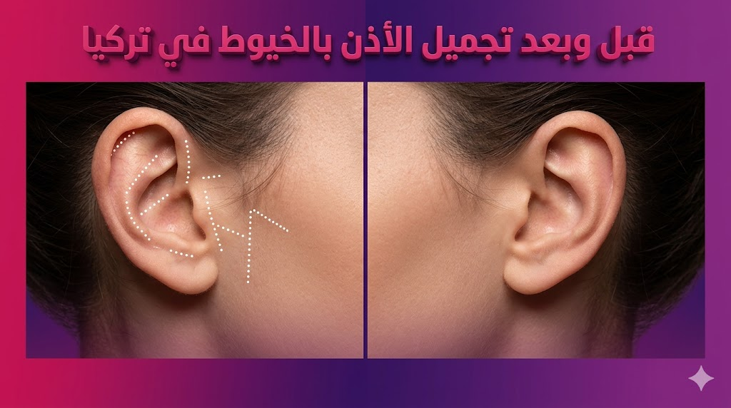  مقارنة واقعية قبل وبعد عملية تجميل الأذن بالخيوط في تركيا تظهر تصحيح البروز بدقة عالية.
