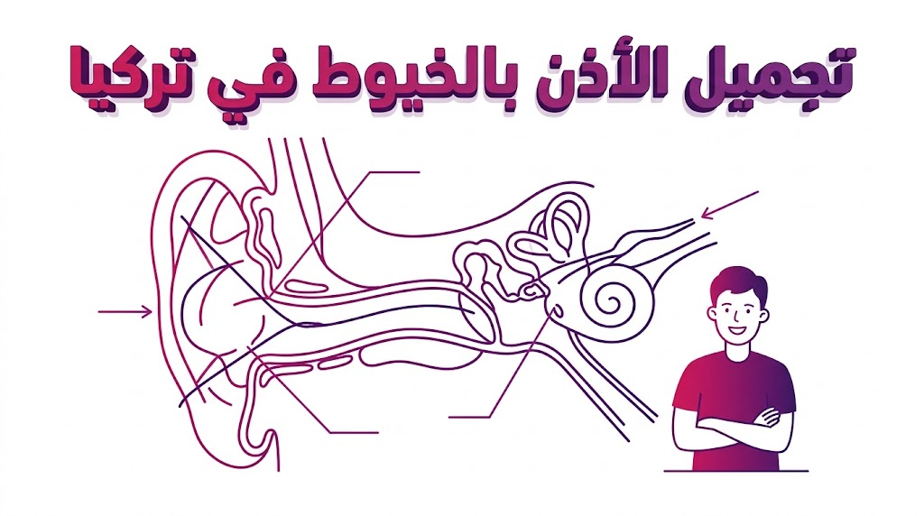إنفوجرافيك تعليمي يوضح التشريح الداخلي وكيفية عمل تجميل الأذن بالخيوط في تركيا لتعديل الغضاريف.