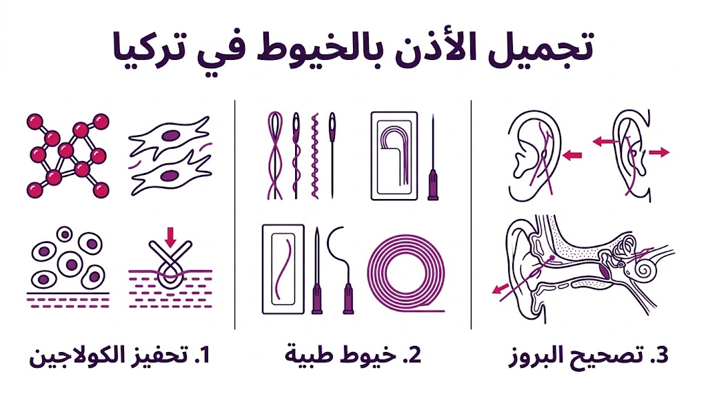  بوستر إنفوجرافيك طبي يشرح فوائد تجميل الأذن بالخيوط في تركيا مثل تحفيز الكولاجين واستخدام خيوط متطورة.