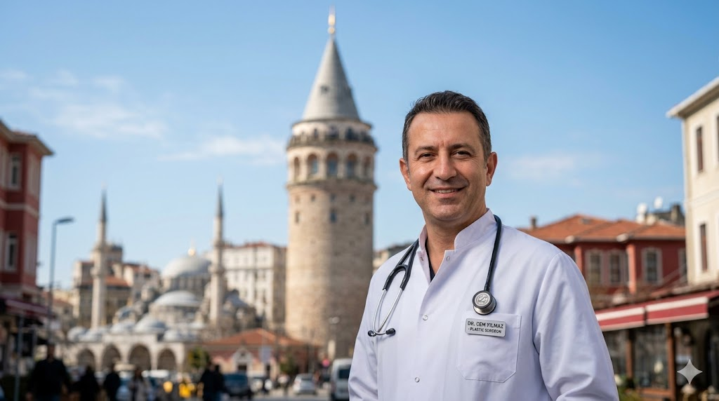  طبيب تجميل متخصص في تجميل الأذن بالخيوط في تركيا يقف أمام برج غالاتا التاريخي في اسطنبول.