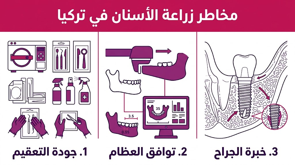 إنفوجرافيك طبي يوضح ثلاثة عوامل رئيسية للوقاية من مخاطر زراعة الأسنان في تركيا.