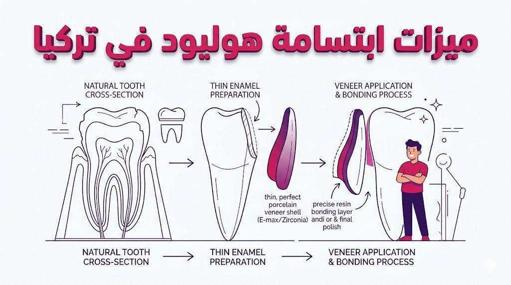 إنفوجرافيك تعليمي يوضح ميزات ابتسامة هوليود في تركيا من خلال رسم تخطيطي لتركيب قشور الأسنان الخزفية بدقة.