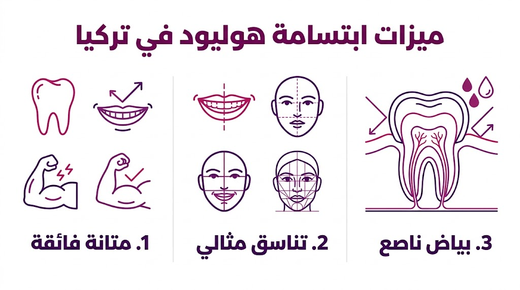 ملصق إنفوجرافيك يوضح ميزات ابتسامة هوليود في تركيا من حيث المتانة، البياض، والتناسق الجمالي.