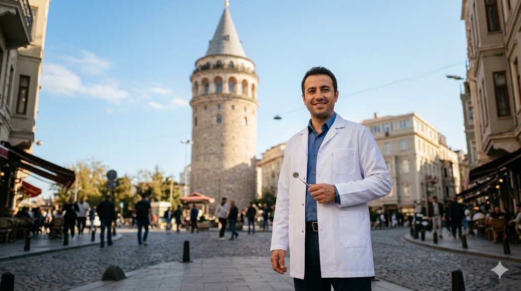 طبيب أسنان يبتسم أمام برج غلطة في اسطنبول يمثل جودة ميزات تبييض الأسنان بالليزر في تركيا.