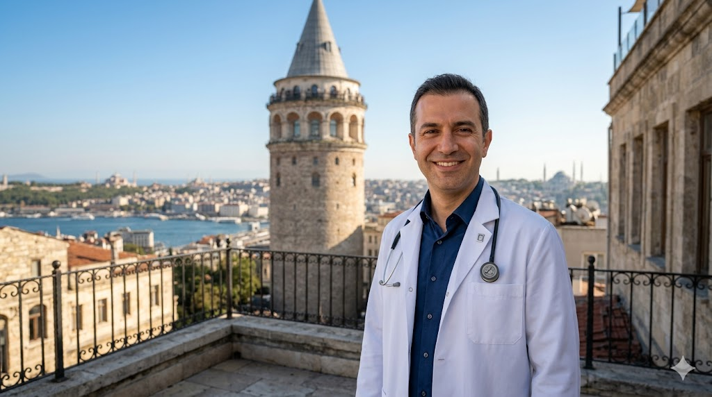 طبيب تجميل مختص في تجميل الأذن بالليزر في تركيا يقف أمام برج غالاتا التاريخي في إسطنبول.