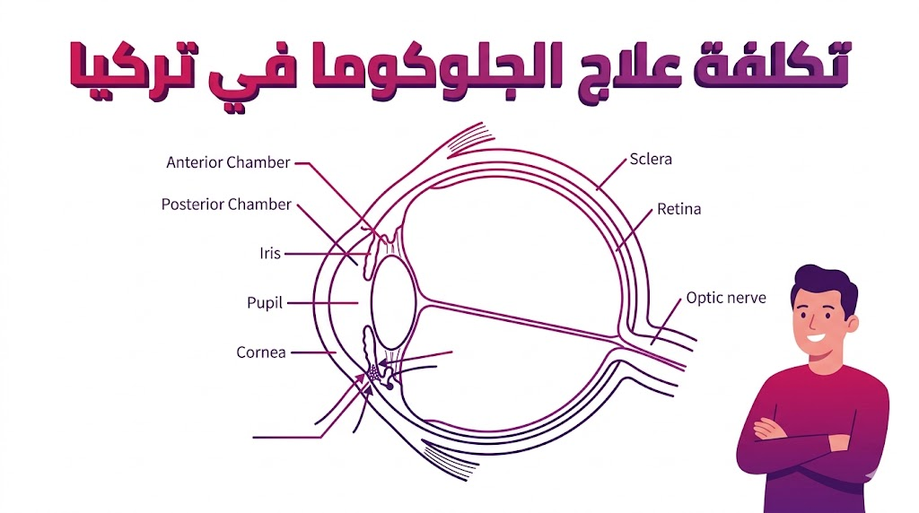 مخطط تشريحي يوضح تقنيات خفض ضغط العين المستخدمة عند البحث عن تكلفة علاج الجلوكوما في تركيا.