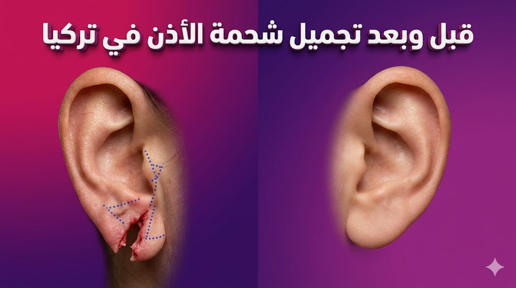  مقارنة قبل وبعد لعملية تجميل شحمة الأذن في تركيا توضح إصلاح التمزق والنتائج النهائية.