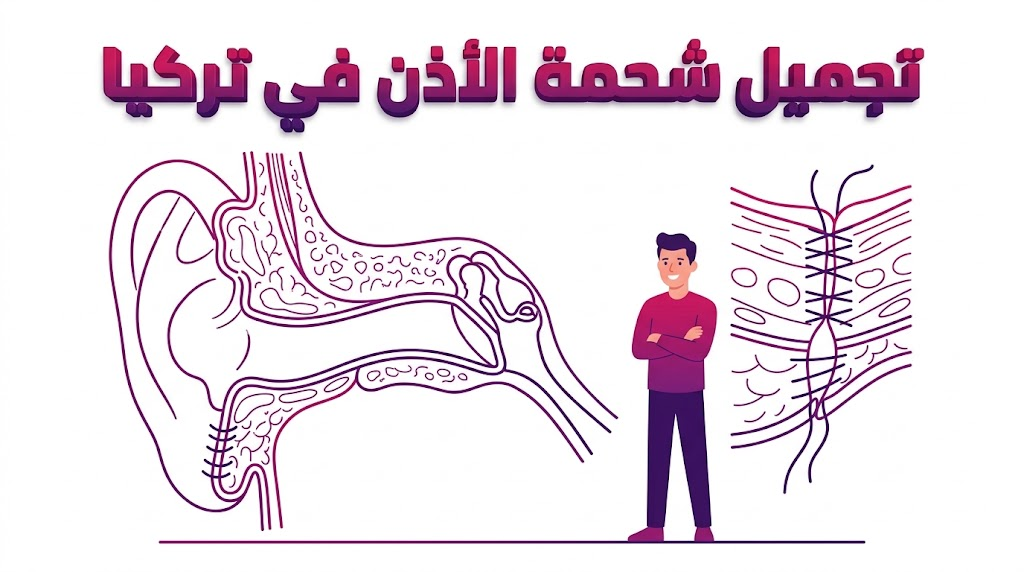  مخطط تشريحي يوضح تقنيات تجميل شحمة الأذن في تركيا وكيفية ترميم الأنسجة جراحياً.