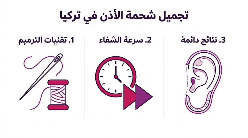 إنفوجرافيك يوضح مزايا تجميل شحمة الأذن في تركيا من حيث التقنيات وفترة النقاهة والنتائج.