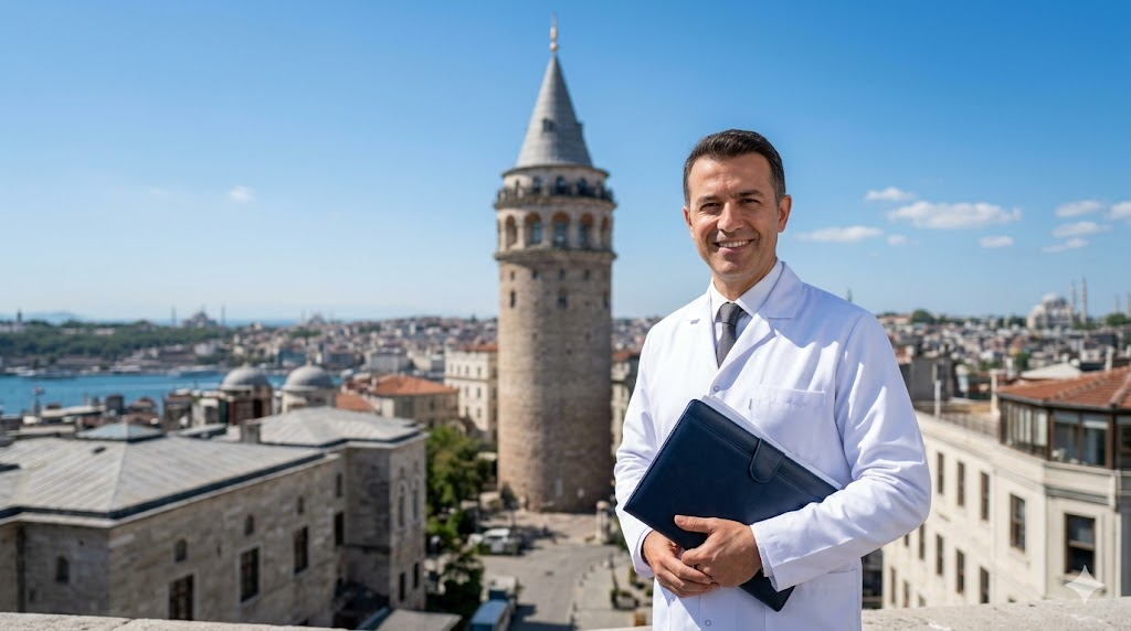 جراح تجميل أمام برج غالاتا في اسطنبول يمثل خدمات تجميل شحمة الأذن في تركيا.