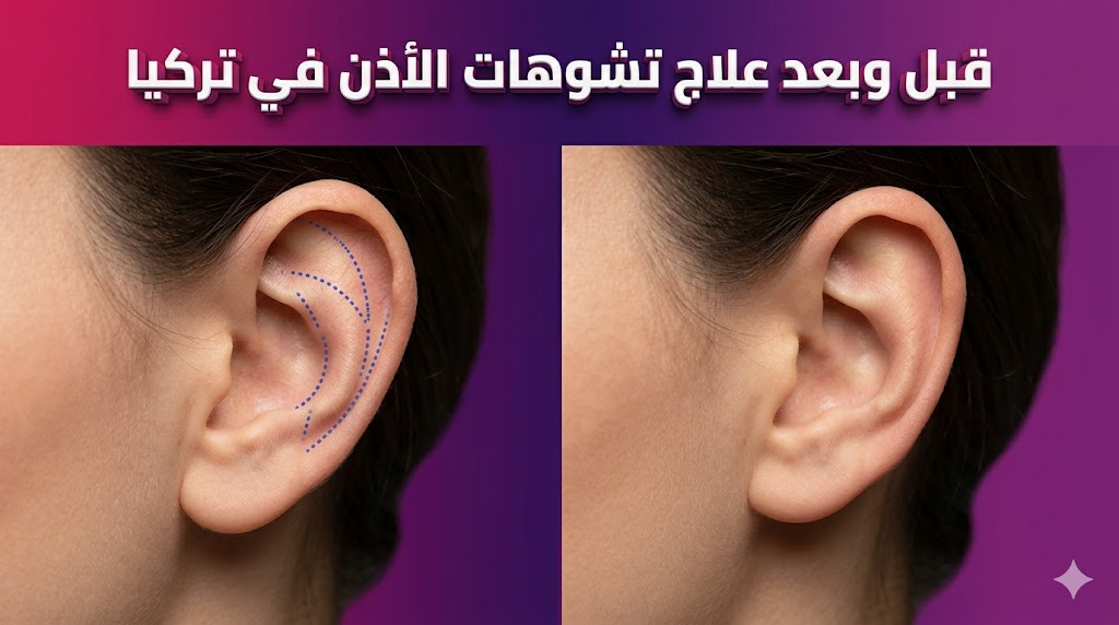 صورة قبل وبعد توضح نتائج علاج تشوهات الأذن في تركيا مع مخططات جراحية دقيقة ونتيجة نهائية طبيعية.