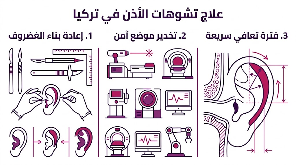 بوستر إنفوجرافيك يوضح ثلاث مراحل أساسية في علاج تشوهات الأذن في تركيا تشمل الغضروف والتخدير والتعافي.