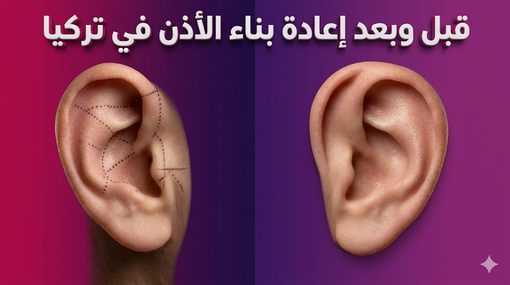 صورة "قبل وبعد" توضح نتائج إعادة بناء الأذن في تركيا مع تخطيط جراحي دقيق ونتيجة نهائية طبيعية.