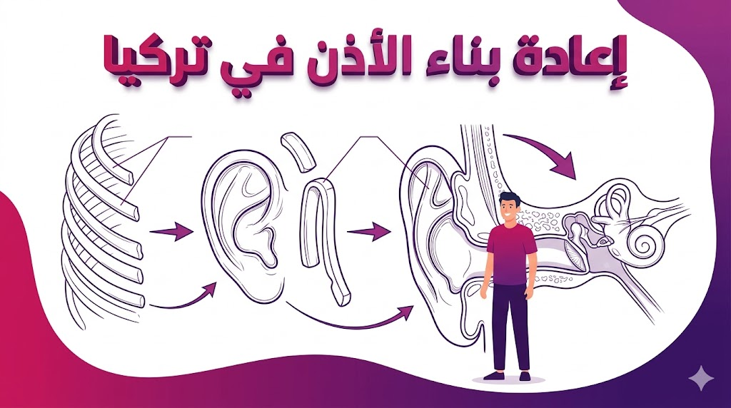 إنفوجرافيك تعليمي يوضح التشريح الداخلي وخطوات زراعة الغضروف في عملية إعادة بناء الأذن في تركيا.